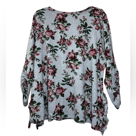 💥2/$15 Terra & Sky grey pink green brown floral ruffle trim long sleeve top 2X - Picture 7 of 11